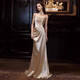 Vnxifm evening dress high-end suspenders niche light luxury host engagement banquet birthday socialite temperament fishtail dressing gown toast champagne gold M