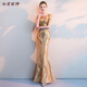 Meianjia evening dress women's new banquet noble and elegant long fishtail temperament celebrity sexy host slim golden L