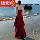 Shantou Lincun red ruffled fishing skirt high-end mermaid ruffled slim suspender dress birthday cocktail dress long red S