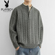 Playboy Thick Line Henley Collar Sweater Men's Autumn and Winter Lazy Twist Knitwear American Fake Two-Piece Bottoming Shirt Dark Gray XL
