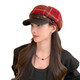 Korean retro leather belt plaid octagonal hat for women winter warm woolen beret for women with leather brim stitching newspaper hat red plaid