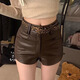 Miao Yijia Shorts Women's Outerwear Hot Pants Leather Pants 2025 New Autumn and Winter A-line High Waist Slim Fit Pants Little People Versatile Brown Hot Girl Casual PU Leather Shorts + Leopard Print Belt M (Recommended weight is about 100-110 Jin Jin is equal to 0.5 kg)
