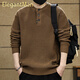 ElegantMan American retro Henry collar sweater for men in autumn and winter thickened loose lazy style vertical striped pullover sweater jacket Khaki S _ Suitable for 90-110Jin Jin equals 0.5 kg