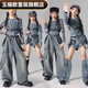 Yulixin girls jazz dance performance clothing girl group jazz children's street dance performance denim suit children's clothing medium and large children's trend flame denim long sleeves + denim trousers + suspenders 110