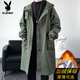 Playboy (PLAYBOY) winter men's mid-length velvet thickened hooded windbreaker men's Korean version slim large size warm coat coat trendy black velvet 3XL