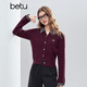 Betu women's 2025 winter new sweater lapel plaid stitching exquisite twisted rope fake two-piece top 2510T39 burgundy M