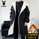 Playboy (PLAYBOY) winter men's mid-length velvet thickened hooded windbreaker men's Korean version slim large size warm coat coat trendy black velvet 3XL