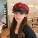 Korean retro leather belt plaid octagonal hat for women winter warm woolen beret for women with leather brim stitching newspaper hat red plaid