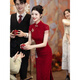 Belaya New Chinese Style Engagement Dress Bridal Toast Wear Back Door Cheongsam Burgundy Dress Wedding Clothes Women Summer Burgundy S