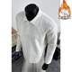 Pierre Cardin threaded splicing plus velvet Henry collar long-sleeved sweatshirt for men winter warm heavyweight polo shirt American style inner layering shirt white gray M