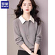 ROMON fake two-piece corduroy thickened shirt for women in autumn and winter fashion contrasting color atmosphere loose casual Polo collar top light gray L suitable for 100-110Jin Jin equals 0.5 kg