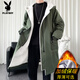 Playboy (PLAYBOY) winter men's mid-length velvet thickened hooded windbreaker men's Korean version slim large size warm coat coat trendy black velvet 3XL