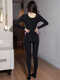 ZUOLIDA autumn and winter velvet all-in-one jumpsuit for women with open stockings, no need to take off, slim fit tights, thickened warm body shaping jumpsuit, large size 2010 black low collar, thin velvet about 200 grams, 40 stockings, lace open b