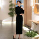 Pierre Cardin autumn and winter new velvet plus velvet cheongsam for women Chinese style retro slim slim long cheongsam dress for women black plus velvet thickened XL recommended 110-120Jin Jin equals 0.5 kg