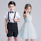 Kaqinini Children's Performance Chorus Costumes for Primary and Secondary School Girls Dance Skirt for Men 2607 - White Clothes, Black Pants, Suspenders, Blue Bow Tie, 110 cm
