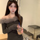 Junyao gray tight-fitting sexy bottoming shirt for women to wear inside and outside for autumn and winter new style high-end one-shoulder pure desire top Gray off-shoulder oblique shoulder fur edge slim pure desire bottoming shirt L Recommended 80-118Jin Jin is equal to 0.5 kg