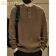 ElegantMan American retro Henry collar sweater for men in autumn and winter thickened loose lazy style vertical striped pullover sweater jacket Khaki S _ Suitable for 90-110Jin Jin equals 0.5 kg