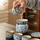 Close-up view of light luxury tea set for home Ru Kiln blue and white porcelain 2025 new high-end teapot and tea cup complete set housewarming gift Ru Kiln flowery stone ladle pot set gift box 10 pieces