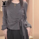 Playboy (PLAYBOY) slant collar autumn and winter lace-up French irregular warm long-sleeved shirt bow western style slim fashion top Dark Violet M Recommended 105 Jin Jin is equal to within 0.5 kg