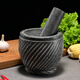 Vantablack household grinder stone mortar for pounding medicine, mashing pepper, peeling garlic, garlic press, large manual garlic press, stone garlic mortar, hand-carved diameter 25 cm with wooden hammer