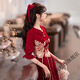 Tea girl's toasting dress bride's burgundy wedding engagement dress dress can be worn back to the house casual wear lapel spring and summer red M