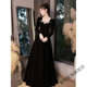 True Black Annual Party Evening Dress Feminine Textured Velvet Long Sleeve French Art Test High-end Niche Light Luxury Winter 6116 Black Long S