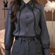 Playboy (PLAYBOY) French heavy-duty lace splicing shirt for women in autumn and winter, new style, loose design, lapel long-sleeved shirt, gray shirt-regular XL
