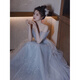 Rich collar high-end banquet evening dress blue dress light luxury niche temperament one-shoulder birthday ceremony host princess dress blue XS