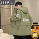 JEEP SPIRIT winter mid-length windbreaker men's hooded plus velvet thickened parka cotton clothing trendy handsome casual jacket 3-29-plus velvet 25801 black 2XL