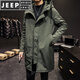 JEEP SPIRIT cotton coat men's mid-length winter thickened parka cotton coat loose hooded workwear windbreaker jacket ins coat military green quilted M