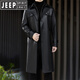 JEEP SPIRIT Leather Jacket Men's Business Plush Thickened Leather Jacket Extra Long Over-the-Knee Fur One-piece Warm Leather Coat Jacket Black M 170