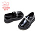 Fuluo Mi Girls Leather Shoes Spring Campus Style Versatile Loafers Little Girls Soft Sole Light Fashion Shoes Shadow Black 35