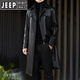 JEEP SPIRIT Leather Jacket Men's Business Plush Thickened Leather Jacket Extra Long Over-the-Knee Fur One-piece Warm Leather Coat Jacket Black M 170