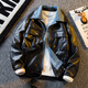 Playboy American spliced denim fake two-piece leather jacket men's sexy men's handsome motorcycle lapel jacket trendy black M