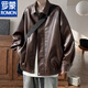 ROMON winter leather jacket men's velvet thickened American high street motorcycle jacket handsome loose casual pu leather top black-velvet high quality thickened 2XL quality higher than peers