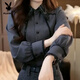 Playboy (PLAYBOY) French heavy-duty lace splicing shirt for women in autumn and winter, new style, loose design, lapel long-sleeved shirt, gray shirt-regular XL