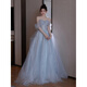 Rich collar high-end banquet evening dress blue dress light luxury niche temperament one-shoulder birthday ceremony host princess dress blue XS