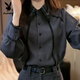 Playboy (PLAYBOY) French heavy-duty lace splicing shirt for women in autumn and winter, new style, loose design, lapel long-sleeved shirt, gray shirt-regular XL