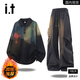 FIVE CM it 5cm casual sports suit men's autumn and winter American tie-dyed sweatshirt and casual pants two-piece set TZ3210+K008 black (spring and autumn) XL (120-140Jin Jin equals 0.5kg)