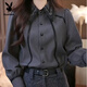 Playboy (PLAYBOY) French heavy-duty lace splicing shirt for women in autumn and winter, new style, loose design, lapel long-sleeved shirt, gray shirt-regular XL