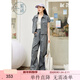Zihan (ZIHAN) Zihan workwear style small flying sleeves lapel shirt jacket straight wide leg pants two-piece suit for women 2025 summer new style calm gray L