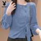 Playboy (PLAYBOY) slant collar autumn and winter lace-up French irregular warm long-sleeved shirt bow western style slim fashion top Dark Violet M Recommended 105 Jin Jin is equal to within 0.5 kg