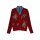 TCH knitted cardigan for women 26 years early spring fashion hot diamond retro red fake two-piece splicing denim design sweater burgundy L