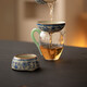 Dream tells the blue and white Ru kiln tea leakage tea filter integrated tea filter tea making artifact tea tea separator with full flower painted gold enamel flower beige three-piece Ru kiln covered bowl set