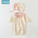 Youqi baby clothes, spring long-sleeved jumpsuit, pure cotton type A gauze, Korean-style Western-style rompers, baby girl spring and autumn robe, pink collar, flower mist + matching hat 80cm