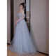 Rich collar high-end banquet evening dress blue dress light luxury niche temperament one-shoulder birthday ceremony host princess dress blue XS