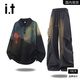 FIVE CM it 5cm casual sports suit men's autumn and winter American tie-dyed sweatshirt and casual pants two-piece set TZ3210+K008 black (spring and autumn) XL (120-140Jin Jin equals 0.5kg)
