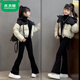 Mumuwu (mumuwu) girls winter clothing 2026 new fashionable suit girls short cotton coat children's velvet bell pants color block cotton coat + bell trousers two-piece set plus velvet 150 cm