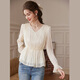 Bailuyu temperament V-neck waist shirt 26 spring new style gentle French ruffle top for women apricot L