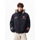 OEMG American retro emblem letter embroidered fur collar hooded cotton jacket for men winter thickened warm top jacket navy blue high quality 2XL recommended 130-150Jin Jin equals 0.5 kg
